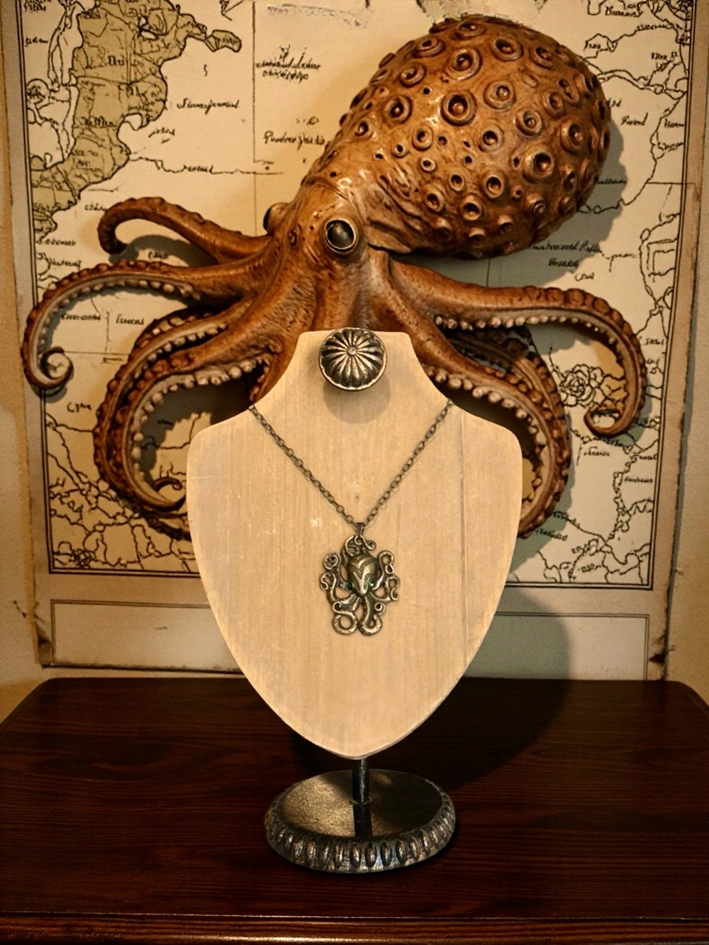 Bronze Octopus/Kraken Pendant Necklace with Green Accent Eyes - Picture 15 of 17